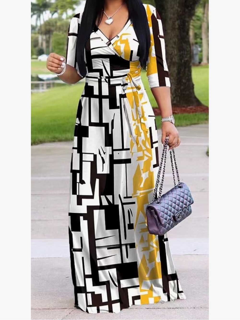 Geometric Wrap Maxi Dress - White, Black & Mustard